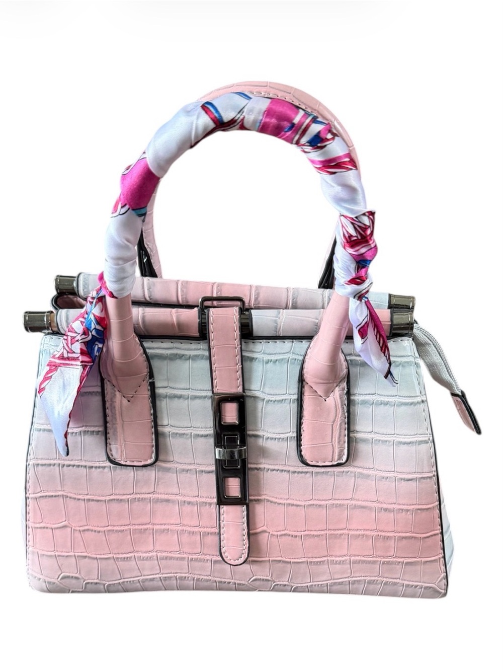 Blush Ombre Croc-Embossed Satchel with Scarf-Wrapped Handle